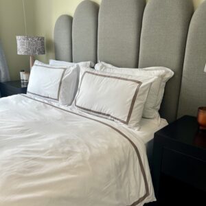 T300 100% Percale cotton white with charcoal grey ribbon trim