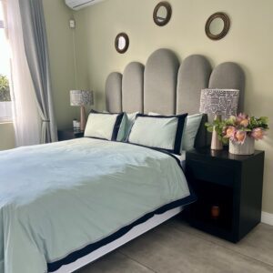 T300 100% Percale cotton Duck egg with navy/grey ribbon trim